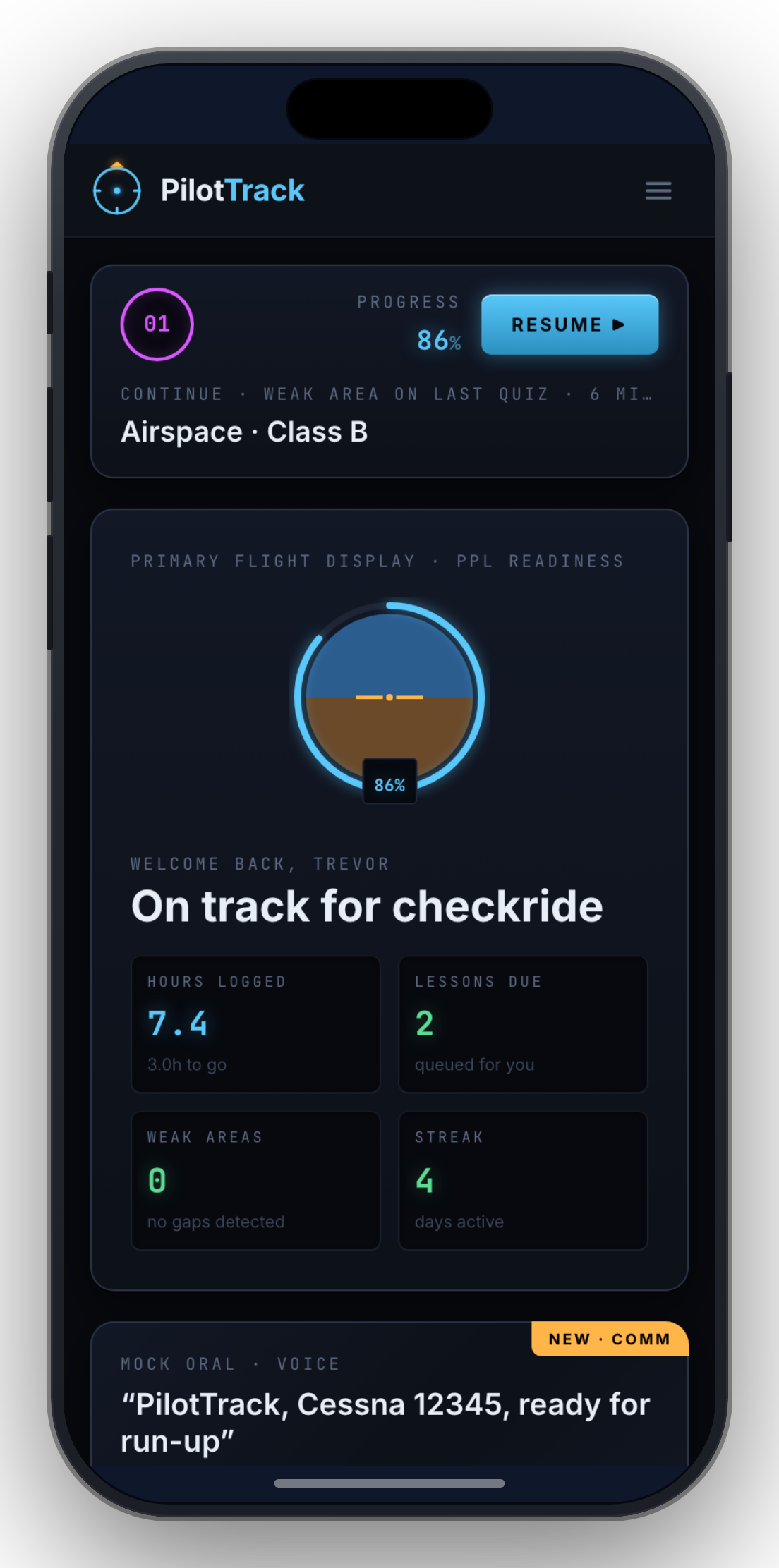 PilotTrack Dashboard screen