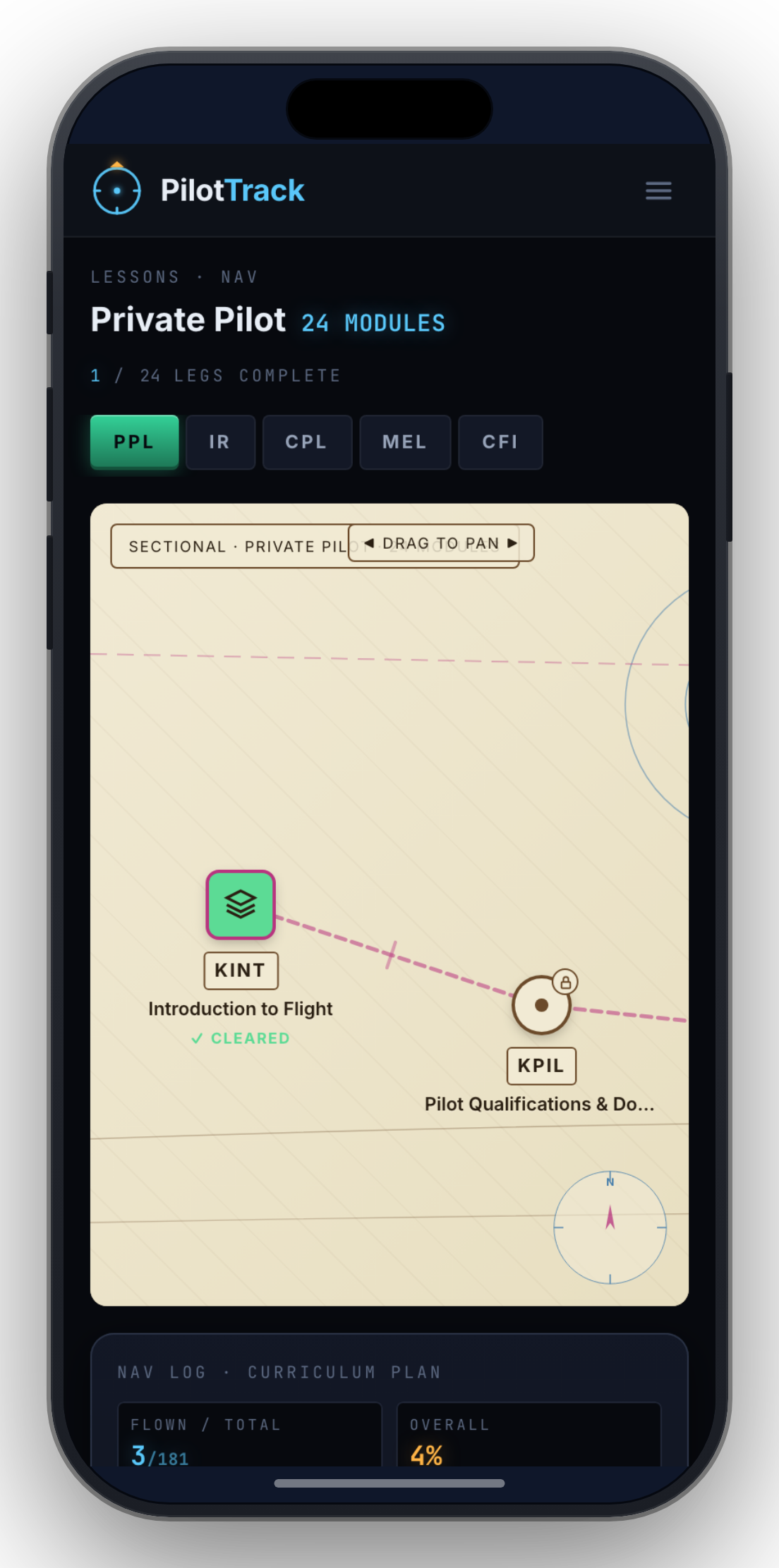 PilotTrack Lessons screen