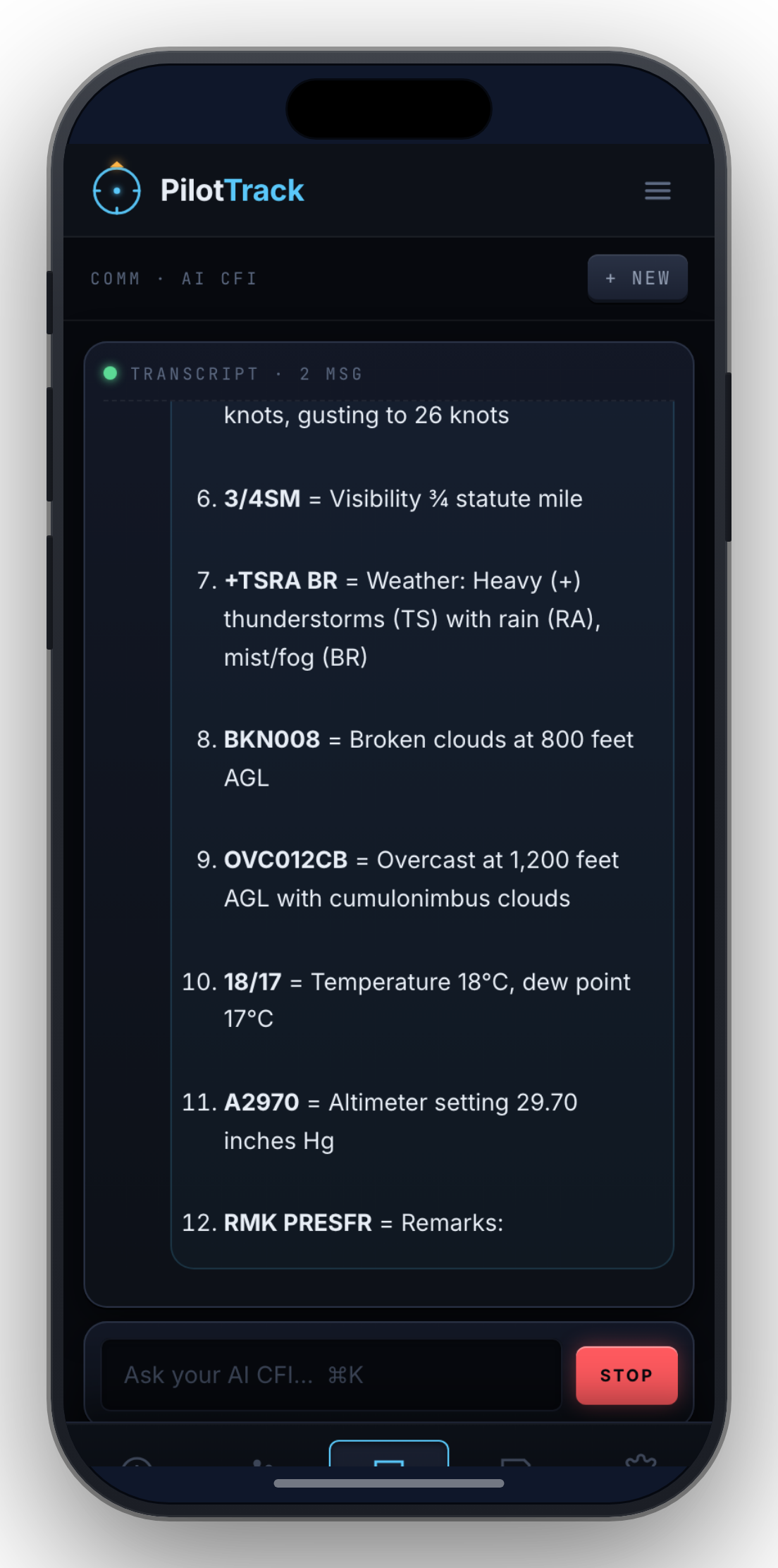 PilotTrack AI CFI Chat screen