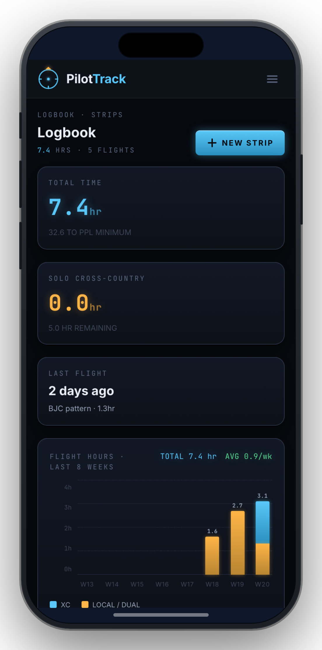 PilotTrack Logbook screen