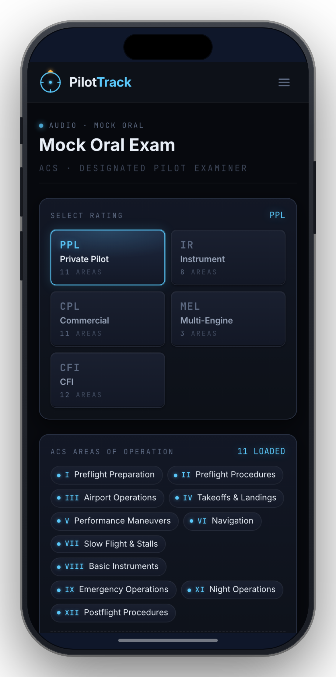 PilotTrack Mock Oral screen